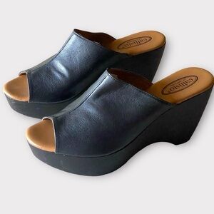 CALLISTO Black Leather Wooden Wedge Mules Clogs Open Toe Gothic Size 9 Gothic